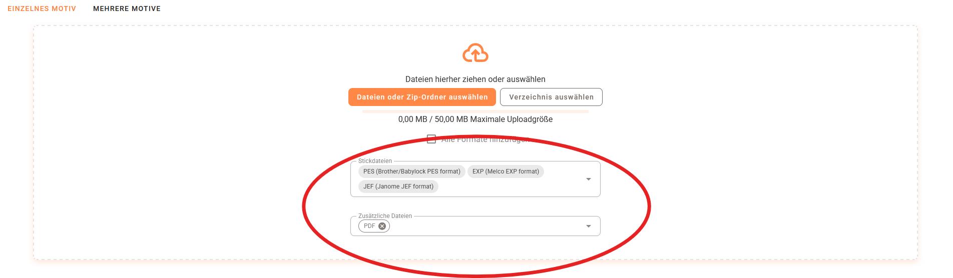 Upload-Oberfläche von emborado mit Auswahl der Stickdateiformate und Formate von zusätzlichen Dateien