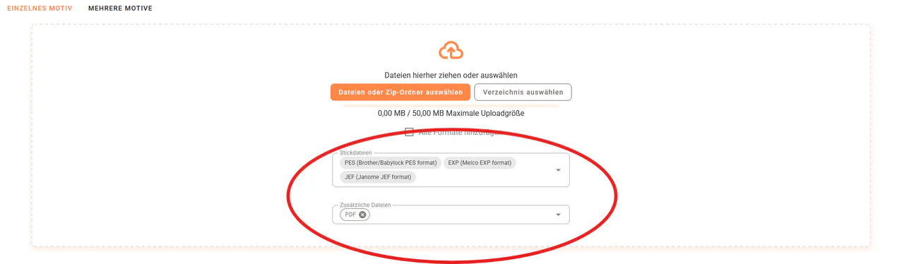 Upload-Oberfläche von emborado mit Auswahl der Stickdateiformate und Formate von zusätzlichen Dateien