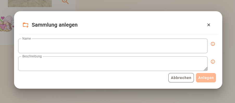 Name und Beschreibung für eine neue Sammlung in emborado eingeben