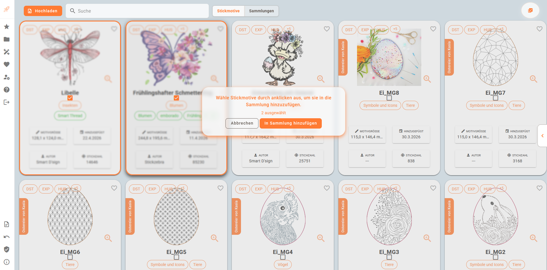 Stickmotive für eine Sammlung in emborado auswählen