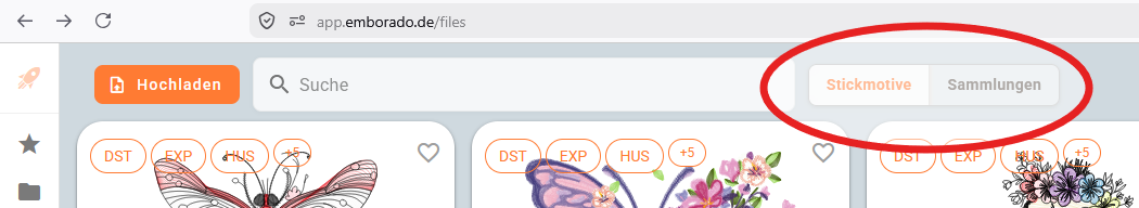 Wechsel zwischen Stickmotiven und Sammlungen in emborado