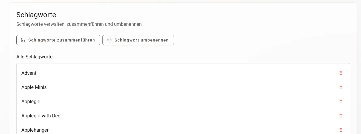 Übersicht zur Verwaltung von Schlagworten in emborado