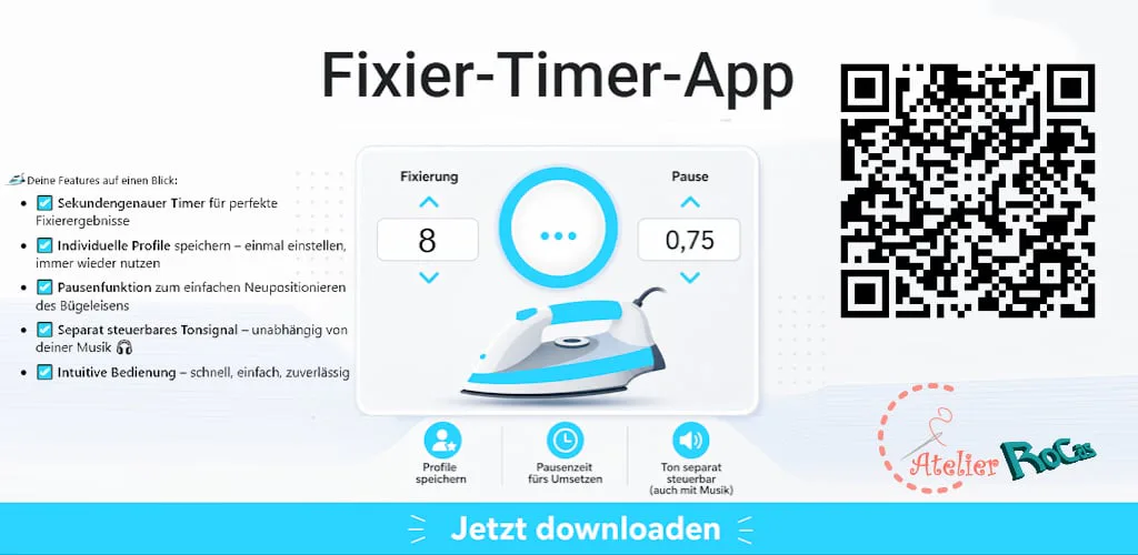 Übersicht der Fixier-Timer-App mit Timer, Pausenzeit, Profilen und Tonsignal