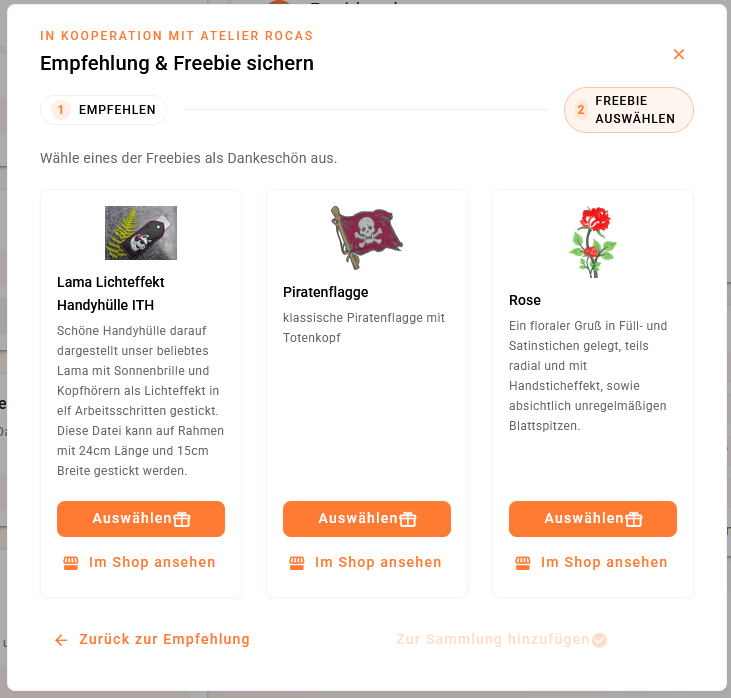 Auswahl der kostenlosen Stickdatei von Atelier RoCas