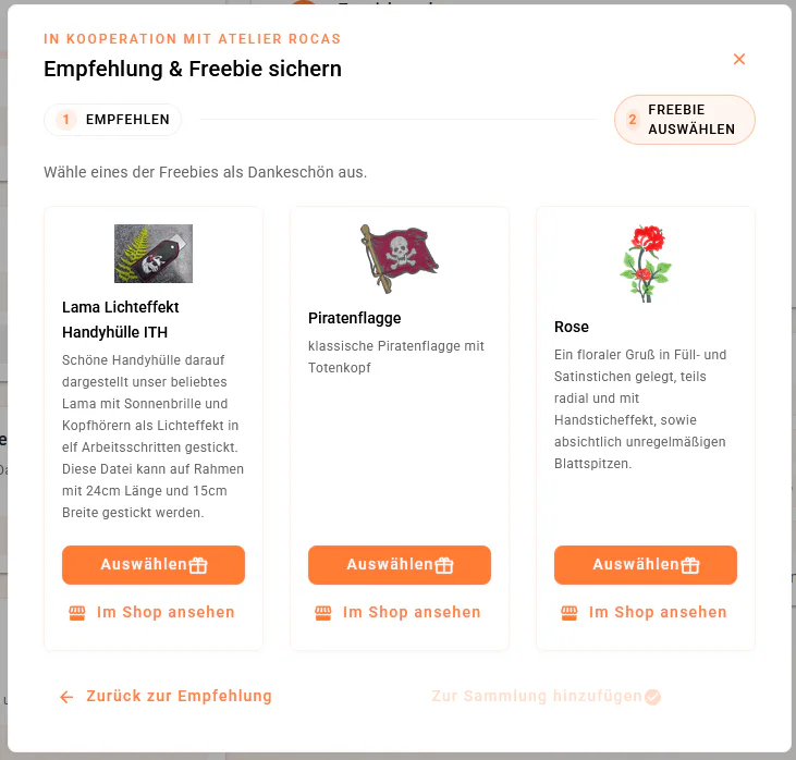 Auswahl der kostenlosen Stickdatei von Atelier RoCas