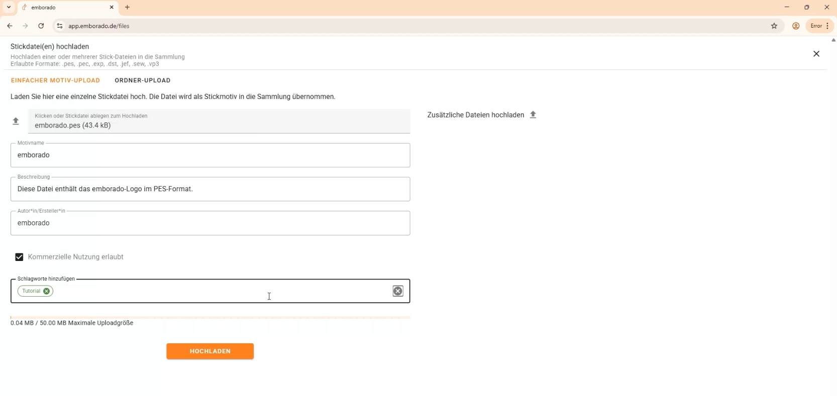 Screenshot single file upload emborado