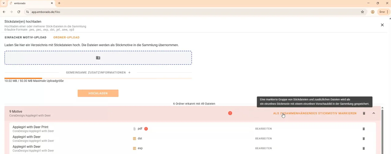 Screenshot Ordner-Upload emborado