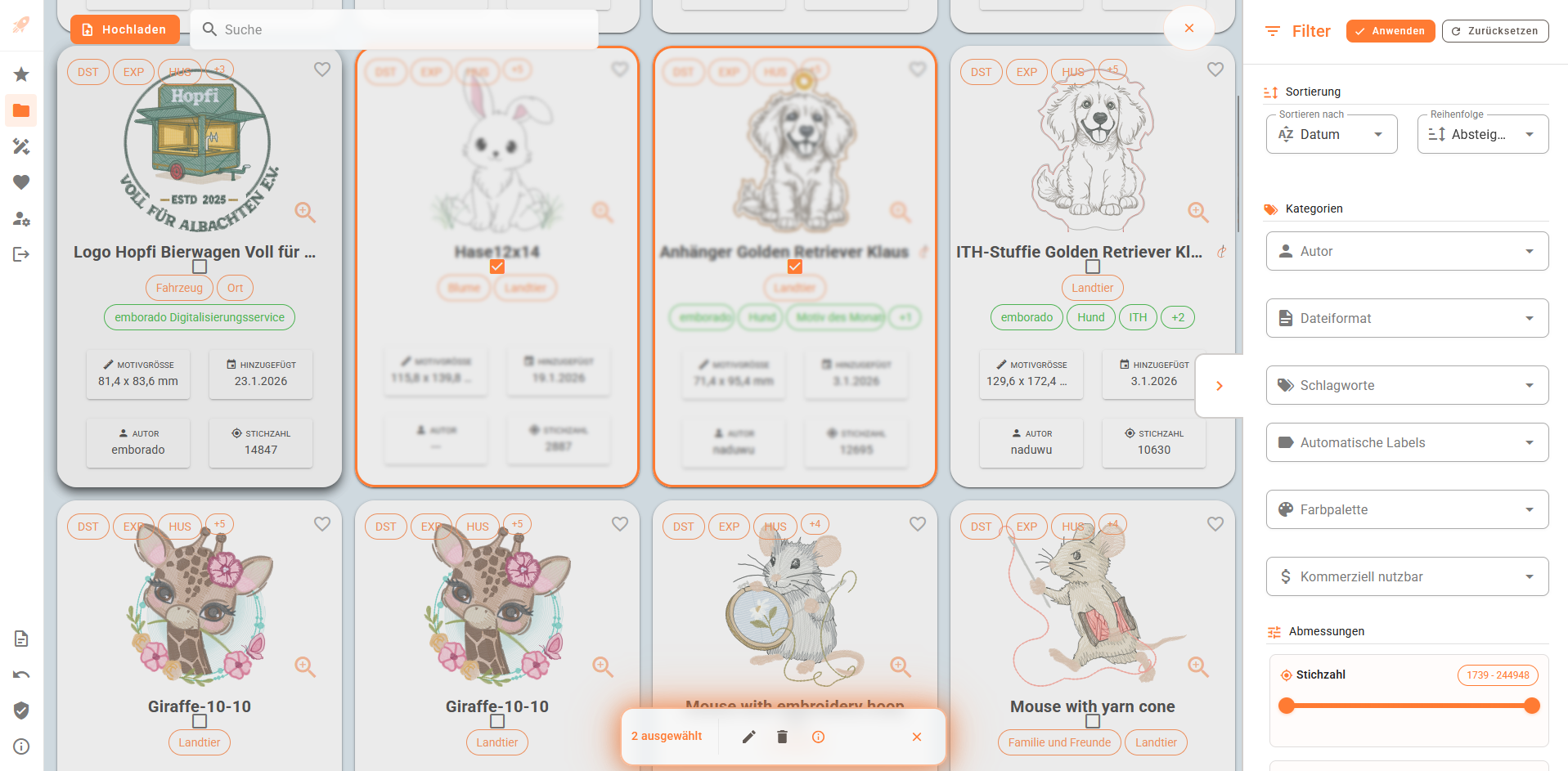 Mehrere ausgewählte Stickmotive in der emborado Motivübersicht