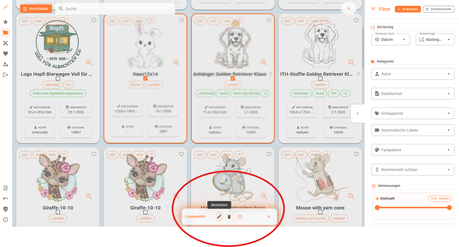 Aktionsleiste mit Bearbeiten-Button und Löschen-Button bei Mehrfachauswahl