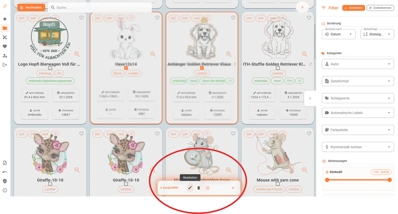 Aktionsleiste mit Bearbeiten-Button und Löschen-Button bei Mehrfachauswahl