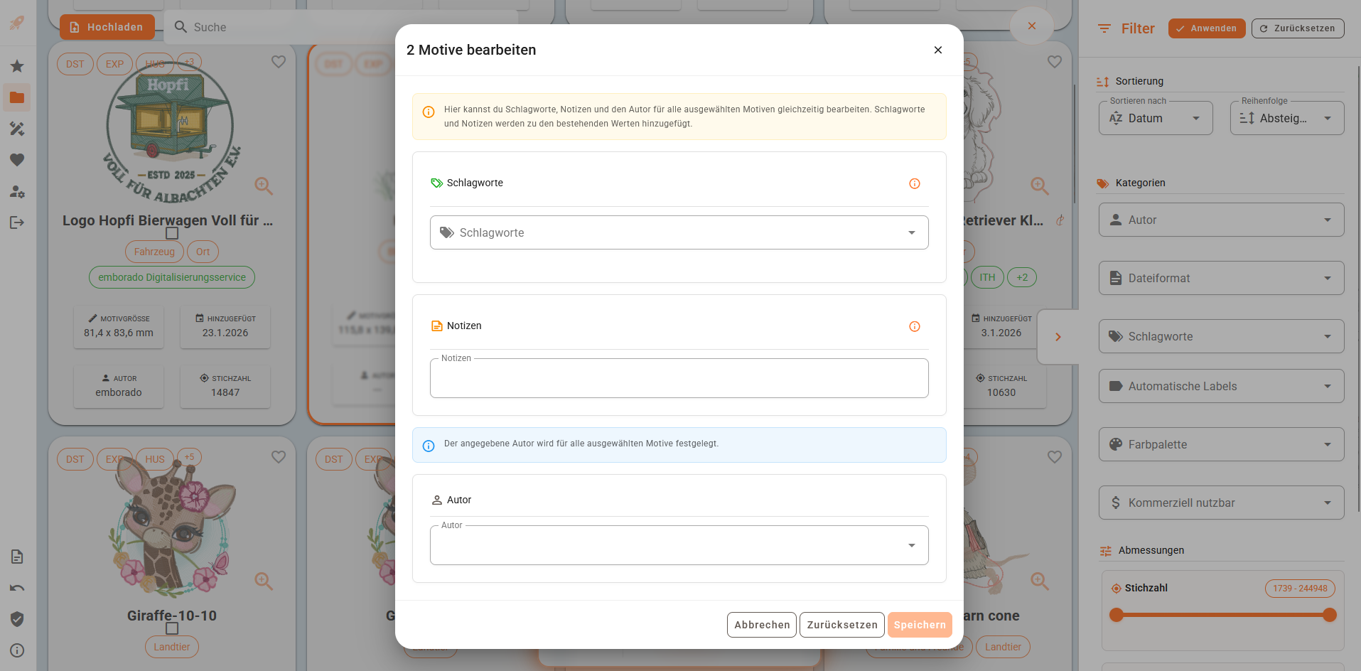 Dialog zur Mehrfachbearbeitung von Motiven in emborado